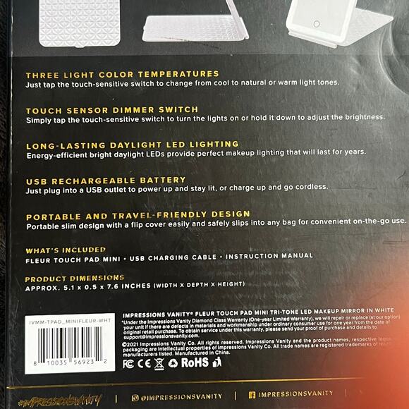 Impressions Vanity Fleur Touch Pad Mini Tri-Tone LED Makeup Mirror White - Picture 10 of 10